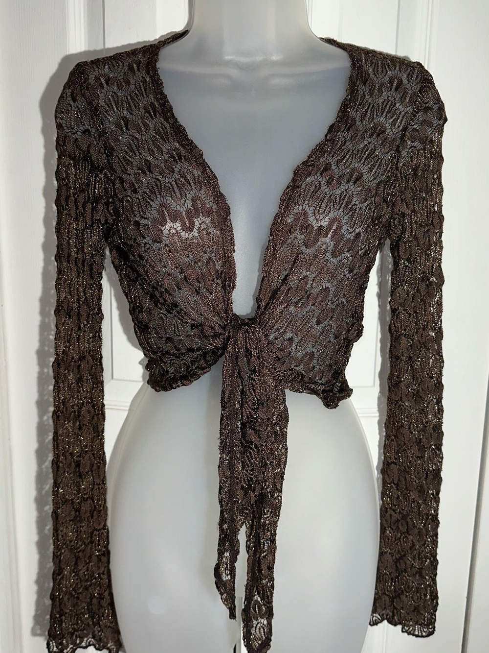Y2K Brown Gold Open Long Sleeve Crochet Cardigan M-L AA22 - Picture 1 of 7